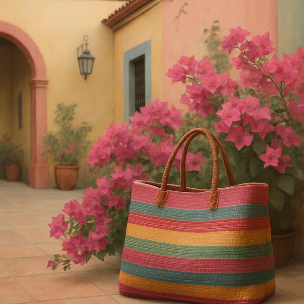 The following multi-colored striped tote bag in the midst of bright, pink, bouncy flowers. .. Its colors are a bold mixtur...