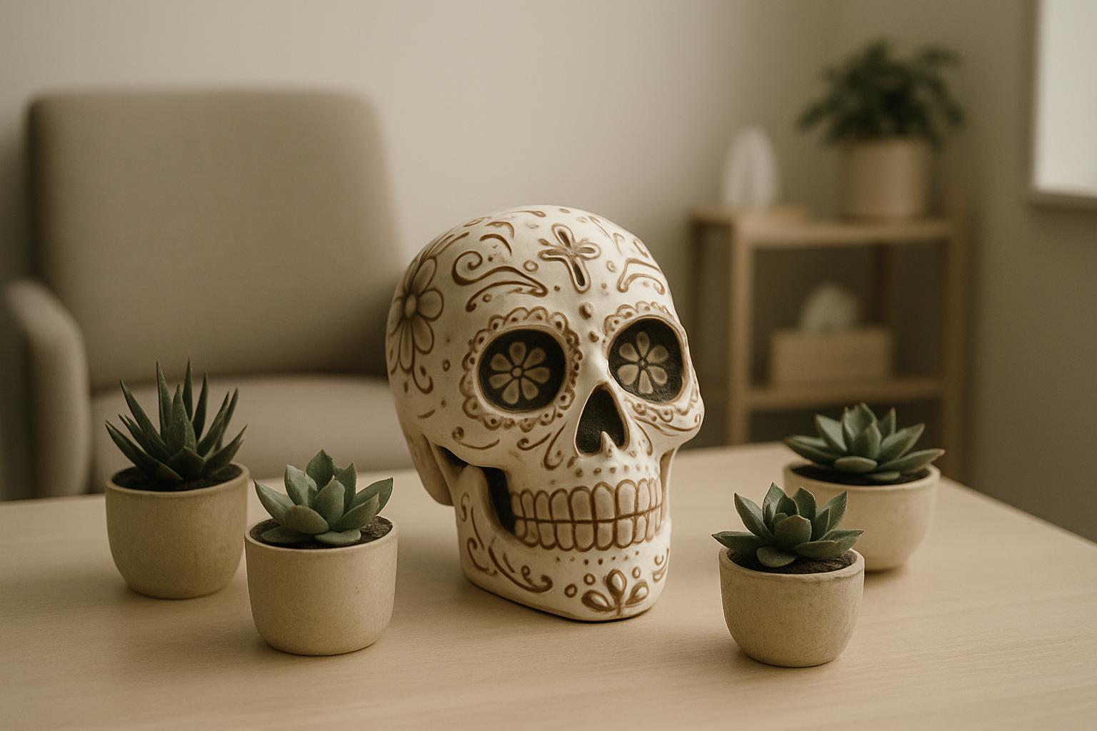A room with a table, a skull decoration, and succulents, possibly in a home or office setting, featuring a light beige col...